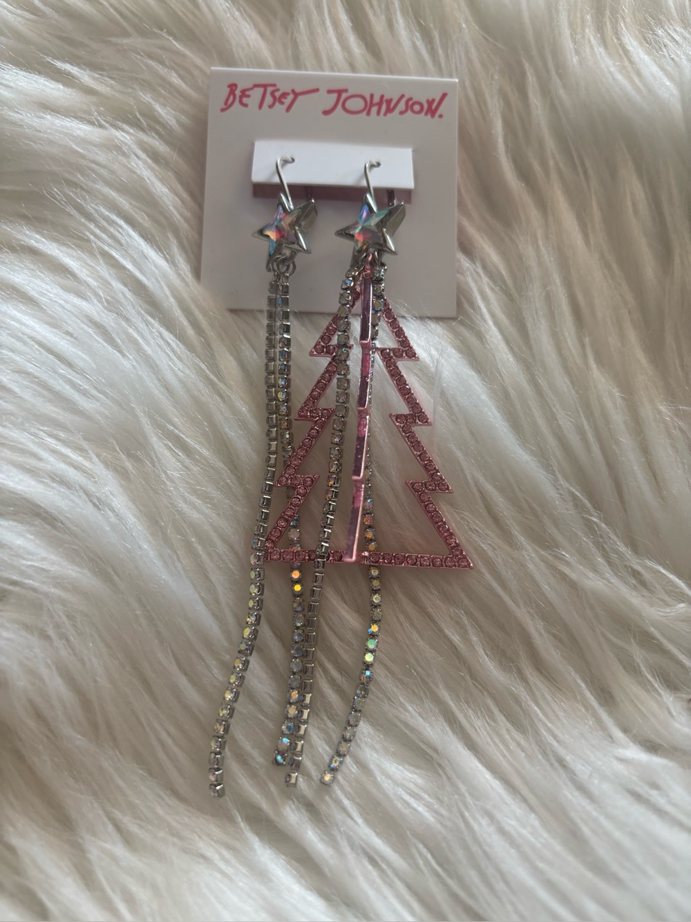 Betsey Johnson Pink Rhinestone Star & Tree Dangle Earrings